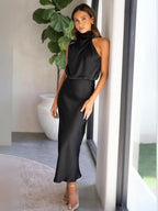 Vestido Midi Acetinado Acinturado com Gola Alta Drapeada Elegante – Ébano
