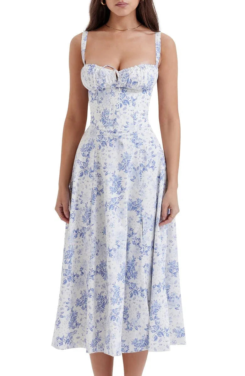 Vestido Floral Modelador com Corpete e Recorte na Cintura