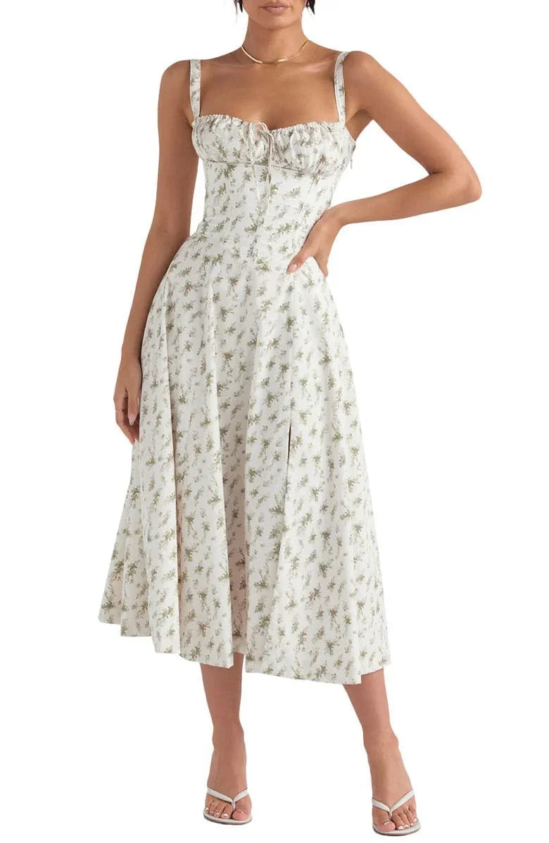 Vestido Floral Modelador com Corpete e Recorte na Cintura