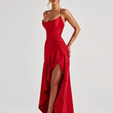 Vestido Longo de Cetim com Fenda Lateral Scarlet – Moda Festa