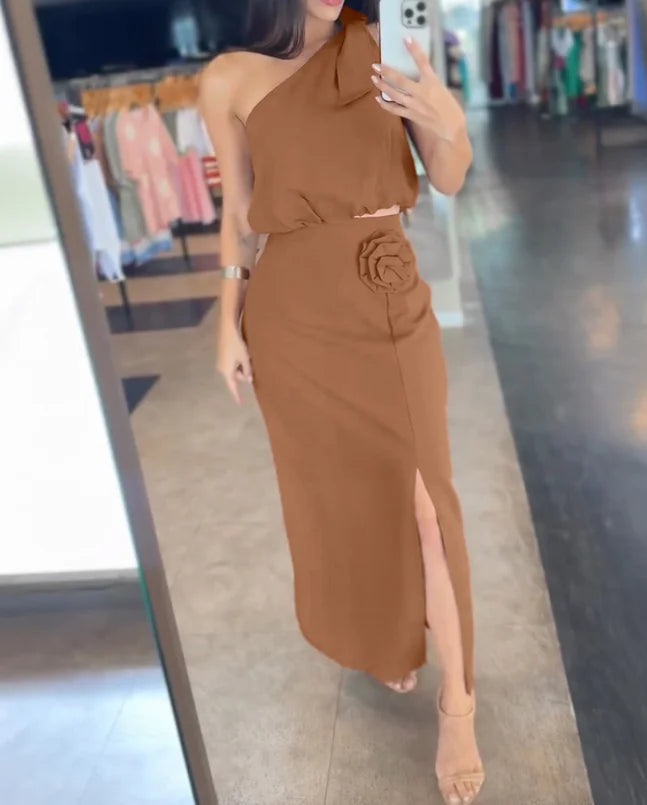 Conjunto Feminino 2 Peças Assimétrico com Flor