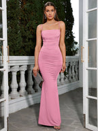 Vestido Formal Justo com Franzido e Cor Sólida