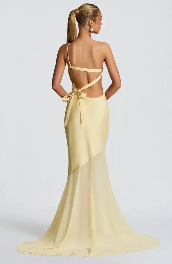 Vestido de Festa Longo Assimétrico de Um Ombro Só com Saia de Chiffon – Aureo