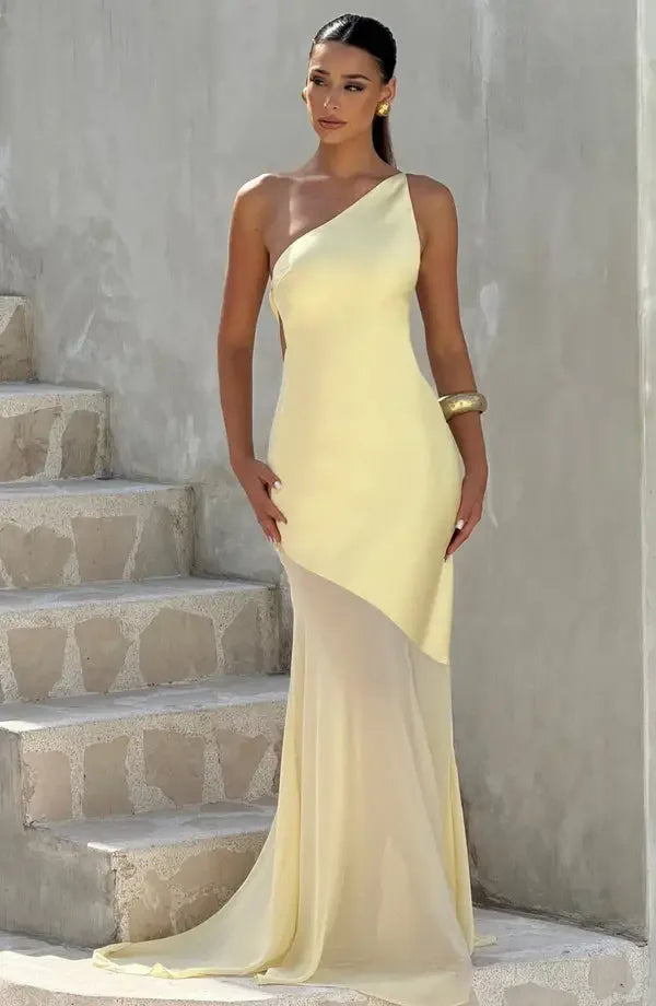 Vestido de Festa Longo Assimétrico de Um Ombro Só com Saia de Chiffon – Aureo