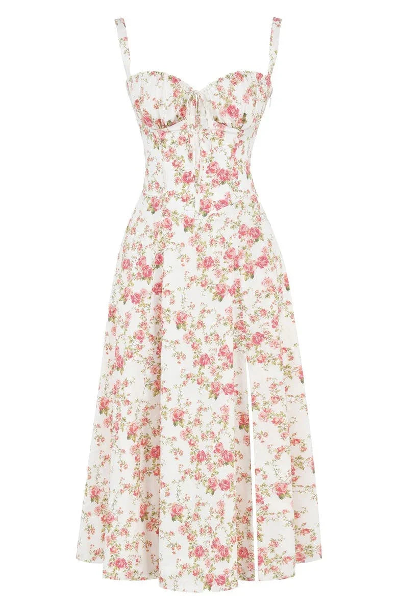 Vestido Floral Modelador com Corpete e Recorte na Cintura