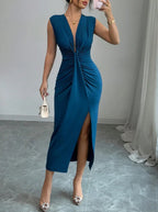 Vestido Drapeado Rafaela Longo Elegante Sem Mangas Decote Em V