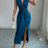 Vestido Drapeado Rafaela Longo Elegante Sem Mangas Decote Em V