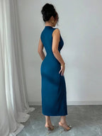 Vestido Drapeado Rafaela Longo Elegante Sem Mangas Decote Em V