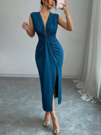 Vestido Drapeado Rafaela Longo Elegante Sem Mangas Decote Em V
