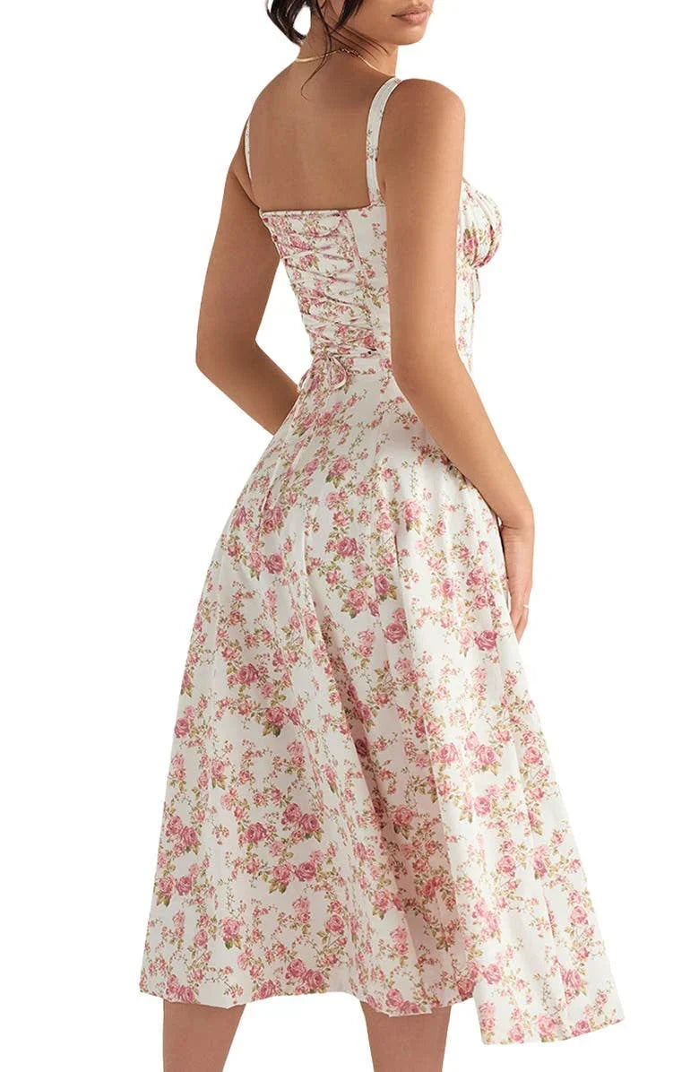 Vestido Floral Modelador com Corpete e Recorte na Cintura
